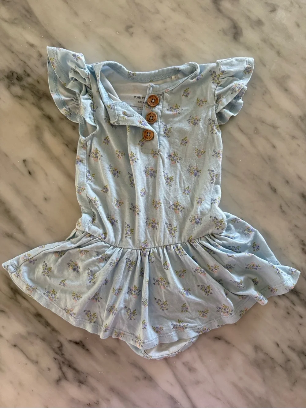 Posh Peanut Light Blue Floral Baby Dress Romper 6-12mo